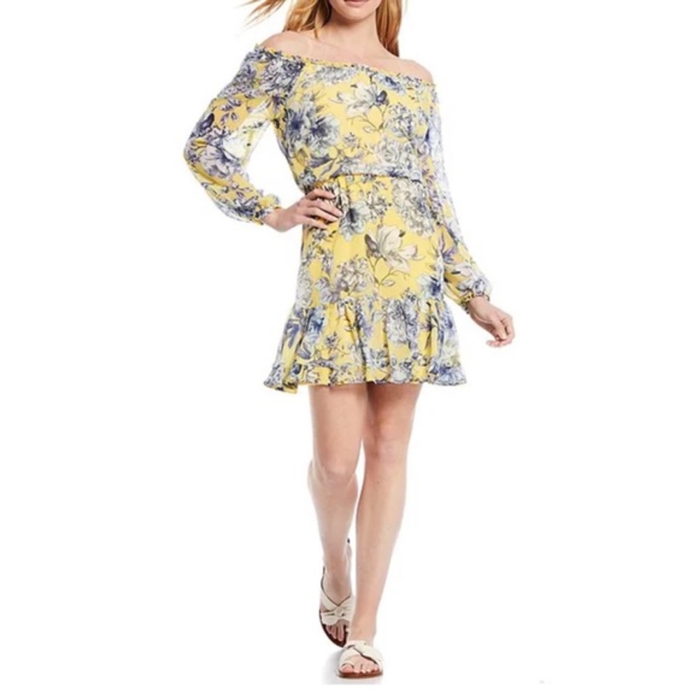 TOMMY HILFIGER Floral Print Crinkle Chiffon Off-the-Shoulder Long Sleeve Dress